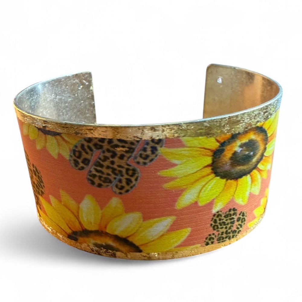 Retro Orange/Coral Sunflower Animal Print Gold Cuff Bracelet One Size
